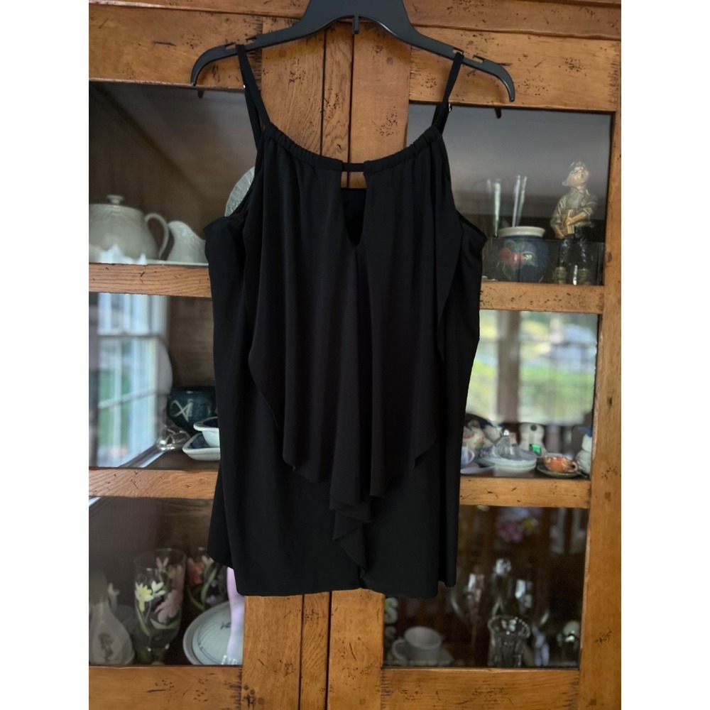 Miraclesuit Ruffle Keyhole Tankini Swim Top Black Women's 16 EUC